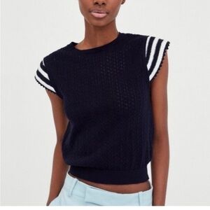 Zara Knit Pointelle Crochet Short Sleeve Top • M